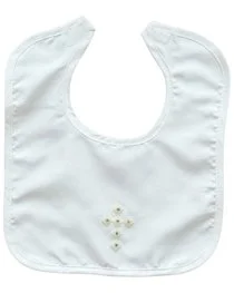 Angelas faux slub silk  pearl cross christening bib A3-white