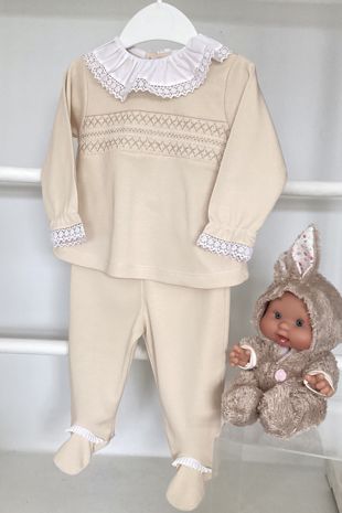 Little Star Baby Girls Smocked Two Piece Set SG153 BEIGE