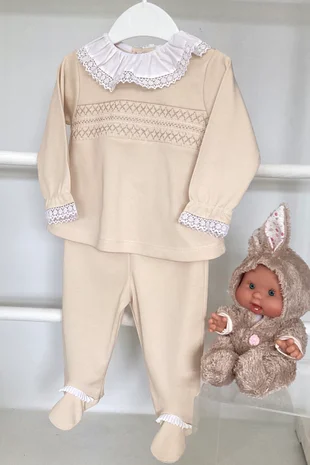 Little Star Baby Girls Smocked Two Piece Set SG153 BEIGE