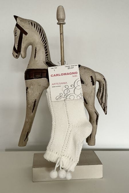 Carlomagno cotton knit pom pom ankle sock 2315 Ivory