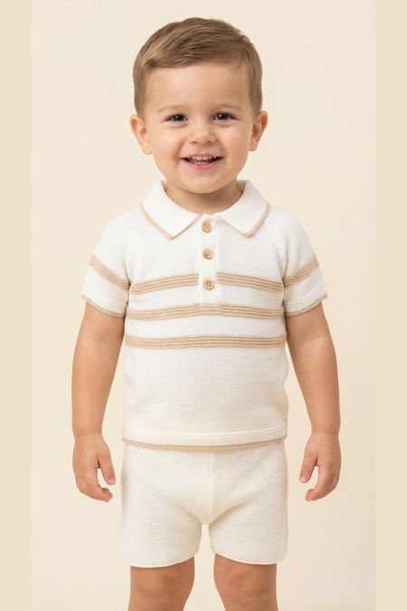Little Star knitted boys polo top and shorts 5279 CREAM