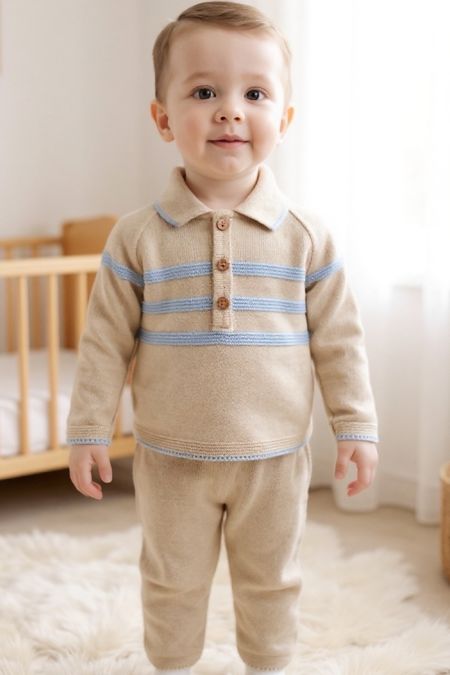 Little Star boys 3 stripe knit jumper and pant set 5302 BGE-BLUE