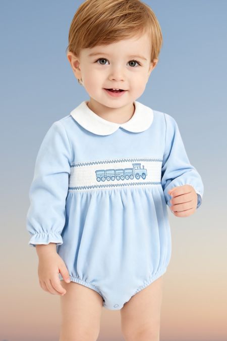 Kleo Kids baby boy train velour romper BLUE