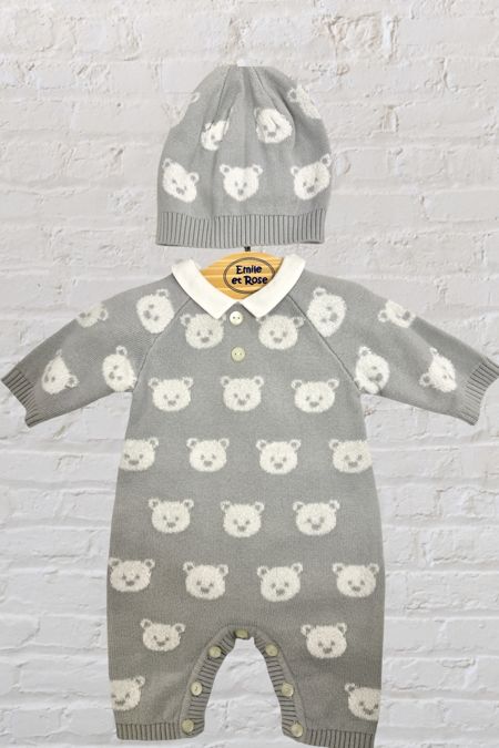 Emile et Rose boys knitted teddy romper with hat 1851 GREY