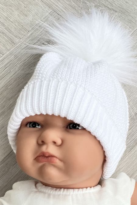 Pex Unisex Fur Pom Bobble Hat B7277 WHITE