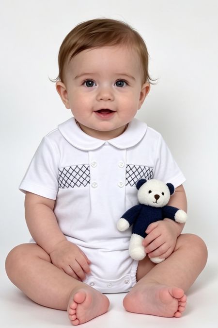 Little Star baby boys smocked romper SG260 WH-NY