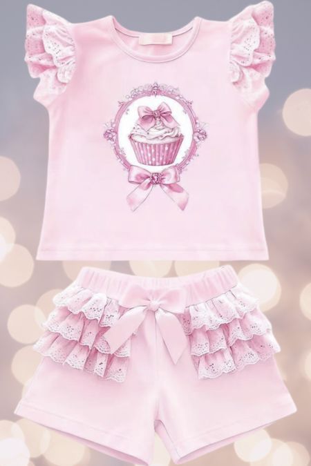Georgio Bambini girls frilly short set with cupcake YG39 pink