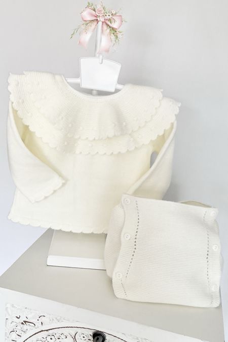 Little Star girls knitted double collar jam pant set C9035 ivory
