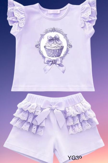 Georgio Bambini girls frilly short set with cupcake YG39 lilac