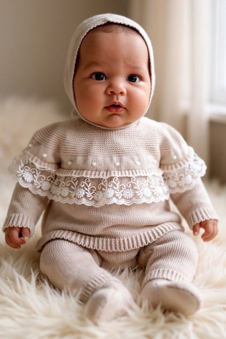 Little Star girls lace yoke knitted 3 piece set C7019R Beige