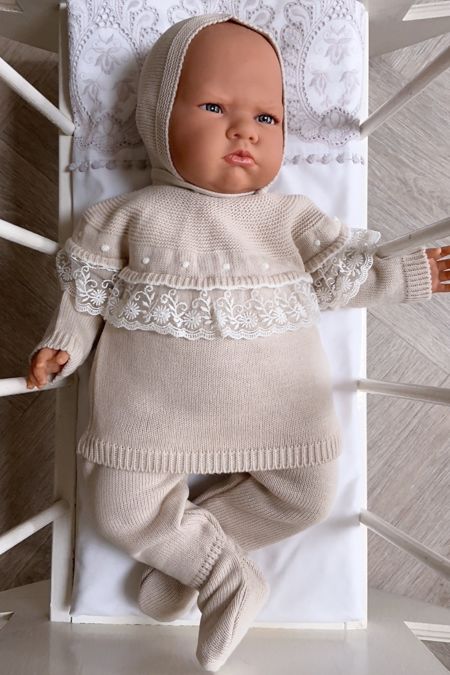 Little Star girls lace yoke knitted 3 piece set C7019R Beige