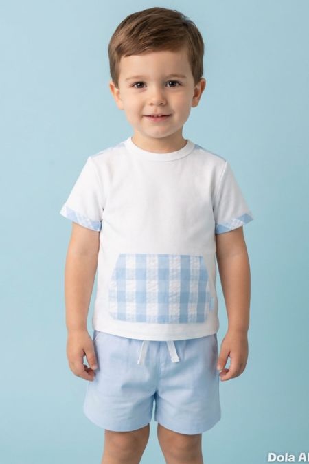 Tutto Piccolo boys gingham pocket tshirt and short 2703s26 BLUE