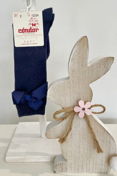 Condor Girls Knee Length Bow  Sock 2482-2 Navy