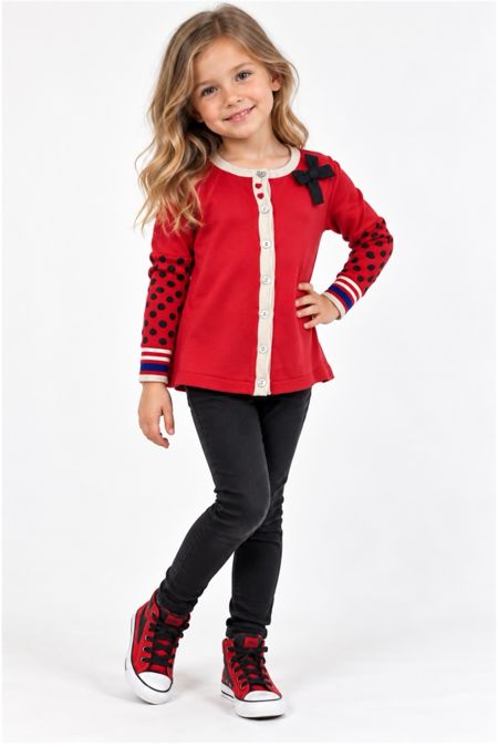 Deux par Deux Girls Red Spot & Stripe Knit Cardigan ET35