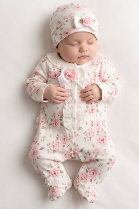 Mintini Baby Girls Baby Grow and Hat MB1908 Ivory-Pink