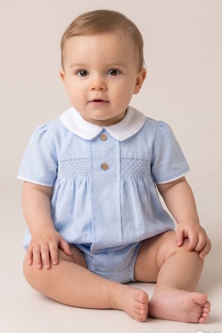 Little Star baby boys smocked linen romper SG165 Blue