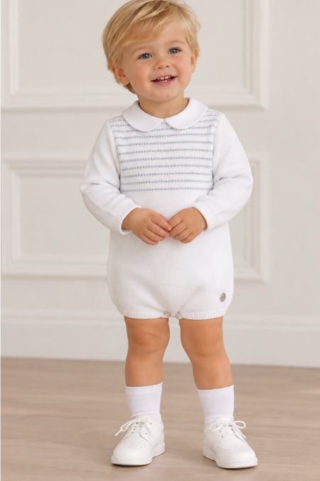 Granlei boys peter pan collar romper with grey detail 226-285P WHITE