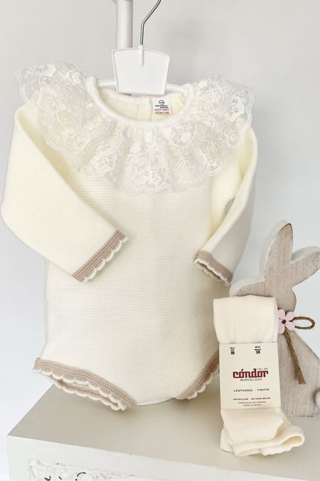 Little Star baby girls lace neck romper P9215 ivory