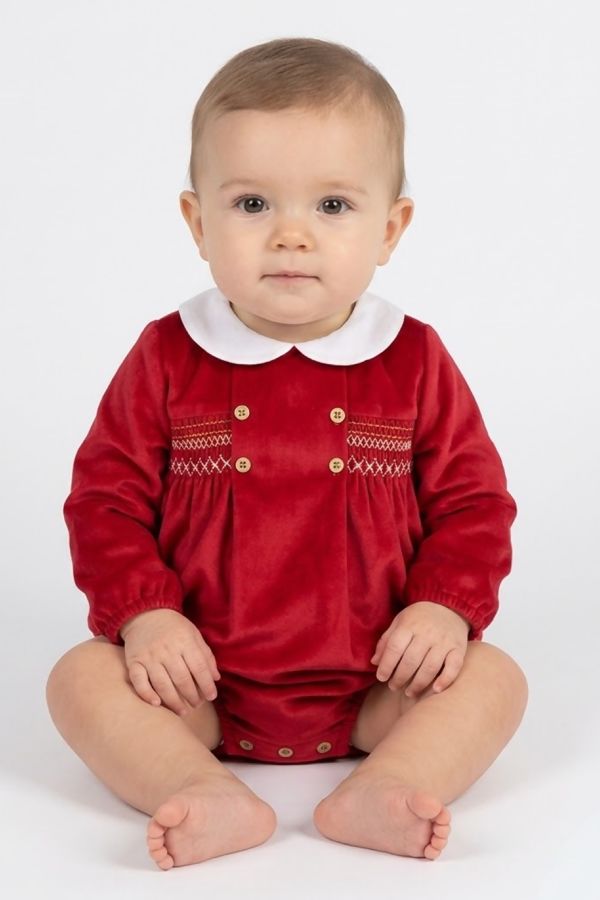 red velvet smocked baby all in one romper 31632